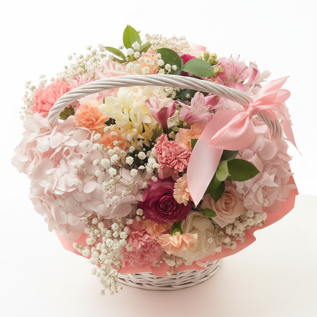 White wicker flower basket overflowing with pink hydrangeas and roses on white background